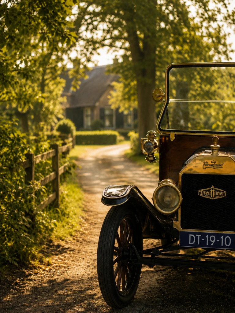 Elektrische Drenttimer op een landweg bij een boerderij